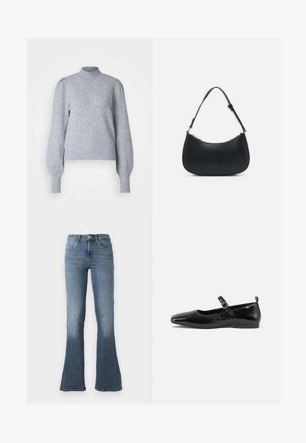 Pull en maille gris clair avec un col haut, de longues manches bouffantes et des poignets et un ourlet côtelés. Fait d'un tissu doux et texturé.; Jean en denim bleu clair avec une taille haute, fermeture par bouton et fermeture éclair, poches avant et arrière, et jambes évasées.; Chaussure plate en cuir verni noir avec un bout pointu, une sangle de cheville avec boucles, et une texture lisse et brillante. Talon bas pour le confort.; Pieces PCALUANA SHOULDER BAG - Sac à main - black