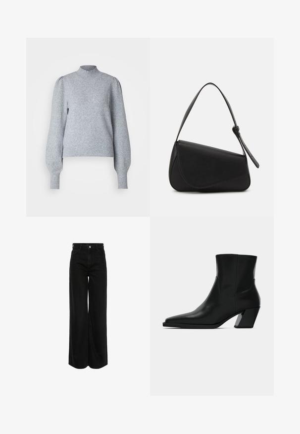 Pull en maille gris clair avec un col haut, de longues manches bouffantes et des poignets et un ourlet côtelés. Fait d'un tissu doux et texturé.; Jeans en denim noir à jambe large avec taille haute, conception à cinq poches et quincaillerie en argent. Le tissu a une finition lisse et légèrement texturée.; Bottine en cuir noir avec un bout pointu, une silhouette élégante et un talon carré massif. Texture lisse avec des détails de couture minimalistes.; Sac à main en cuir noir de forme triangulaire, avec un rabat incliné et une poignée supérieure arrondie. Il présente une texture lisse et des détails de design minimalistes.