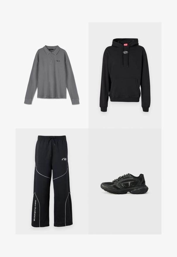 Schwarzer Hoodie aus Baumwollmischung mit einer Fronttasche, gerippten Bündchen und einem silbernen Logo auf der Brust. Die Kapuze ist mit Kordelzügen versehen.; Langarm-Polohemd aus gestreiftem grauem Stoff. Verfügt über einen Kragen, eine Drei-Knopf-Leiste und dezente schwarze Markenkennzeichnung auf der Brust.; Schwarze, weit geschnittene New Balance Jogginghose mit weißen Paspeln, elastischem Bund, Kordelzug, Seitentaschen und Logo am Bein sowie an der Hüfte.; Schwarze Sport Sneaker mit einem Obermaterial aus Mesh, strukturierten Akzenten und gepolstertem Kragen. Schnürdesign mit einer dicken Gummisohle für Unterstützung.