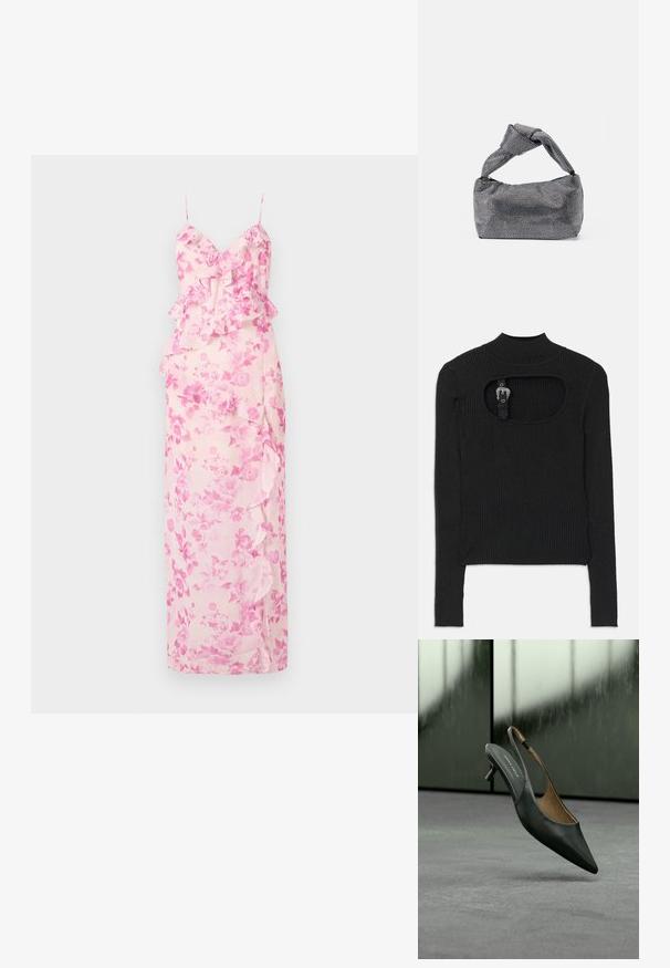 Top corto negro de canalé con mangas largas, cuello alto y detalle cortado debajo del escote. Incluye una correa y cierre de hardware de acento.; Vestido largo floral en tela rosa claro, con acentos de volantes a lo largo del escote y el costado, y tirantes delgados ajustables.; Zapato de tacón de gatito tipo slingback negro con punta afilada, con una tira fina y etiqueta "ANNA FIELD" en la plantilla, sobre un fondo gris desenfocado.; Bolso de mano negro y plateado con una superficie texturizada que presenta un patrón de diamante, un asa anudada y una forma estructurada.