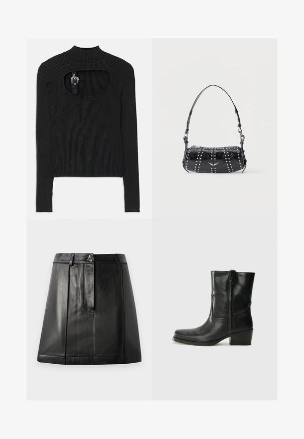 Sort ribbet crop top med lange ærmer, høj hals og udskæringsdetalje under halsudskæringen. Inkluderer en rem og accenthardware-lukning.; Sorte læderskirt med en struktureret form, der har en frontlomme og en metalaccent i taljen. Glat tekstur og broderede detaljer.; Sort læder ankelstøvle med rundt tå, blokhæl, lynlås i siden og stikninger på vampsiden. Glat tekstur, klassisk design.; Sort skuldertaske i laklæder med sølvnitter i lodrette rækker og et lille sølvfugleemblem midt på fronten.
