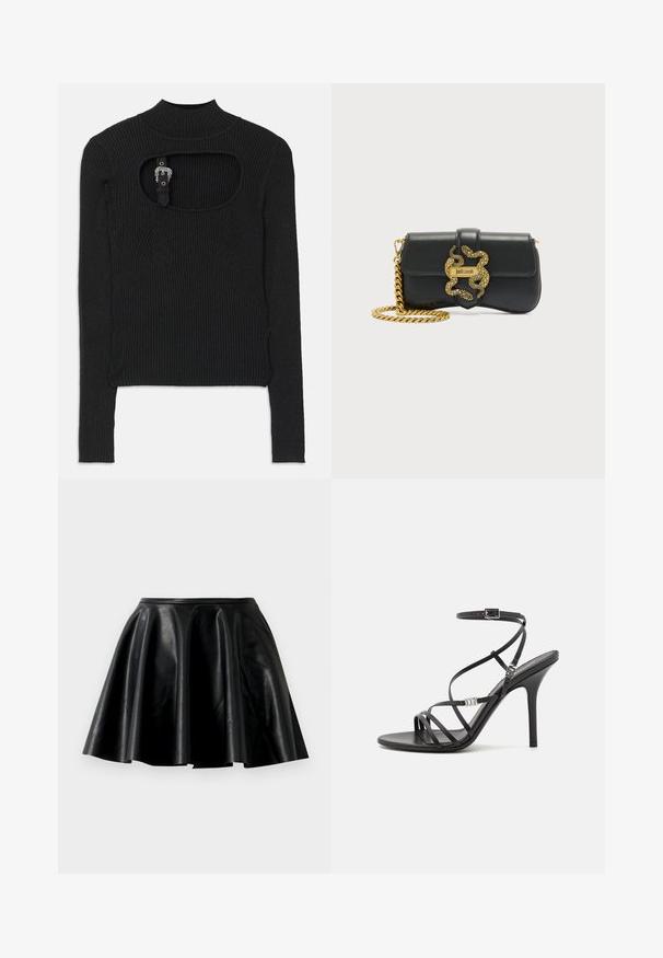 Sort ribbet crop top med lange ærmer, høj hals og udskæringsdetalje under halsudskæringen. Inkluderer en rem og accenthardware-lukning.; Sort læder nederdel i flare-stil med en glat tekstur, bred kant og en tætsiddende talje. Overfladen har en subtil glans og ingen synlige dekorationer.; Sort højhælet sandal med tynde stropper, en ankelspænde, en glat læderoverflade og en slank stilethæl.; Sort skuldertaske i læder med guld kæderem og dekorativ spænde formet som en slange med "Just Cavalli" logo.