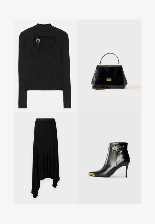 Sort ribbet crop top med lange ærmer, høj hals og udskæringsdetalje under halsudskæringen. Inkluderer en rem og accenthardware-lukning.; Sort asymmetrisk nederdel med en bølget kant, lavet af blødt, strækbart materiale, med en bred taljebånd med præget branding.; Sort ankelstøvle lavet af skinnende læder med spids tå, stilet hæl og guldfarvet hardware med en dekorativ spænde-detalje.; Sort lædertaske med top-håndtag, guldlås og aftagelig skulderrem på en ensfarvet lys baggrund.