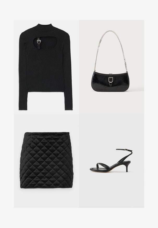 Sort ribbet crop top med lange ærmer, høj hals og udskæringsdetalje under halsudskæringen. Inkluderer en rem og accenthardware-lukning.; Sort quiltet miniskirt lavet af blødt stof, med et diamantmønster, lige pasform og en skjult sidelomme.; Sort damesandal i læder med tynde remme, en tå-loop, ankelspænde og en mellemhøj stiletthæl på en neutral baggrund.; Sort skuldertaske i laklæder med sølv spænde og sølv kæderem, vist mod en ensartet lys baggrund.