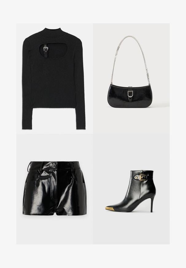 Sort ribbet crop top med lange ærmer, høj hals og udskæringsdetalje under halsudskæringen. Inkluderer en rem og accenthardware-lukning.; Sorte, blanke shorts lavet af syntetisk materiale. Har en tætsiddende talje, bælteslaufer og forlommer med fremtrædende stikninger.; Sort ankelstøvle lavet af skinnende læder med spids tå, stilet hæl og guldfarvet hardware med en dekorativ spænde-detalje.; Sort skuldertaske i laklæder med sølv spænde og sølv kæderem, vist mod en ensartet lys baggrund.