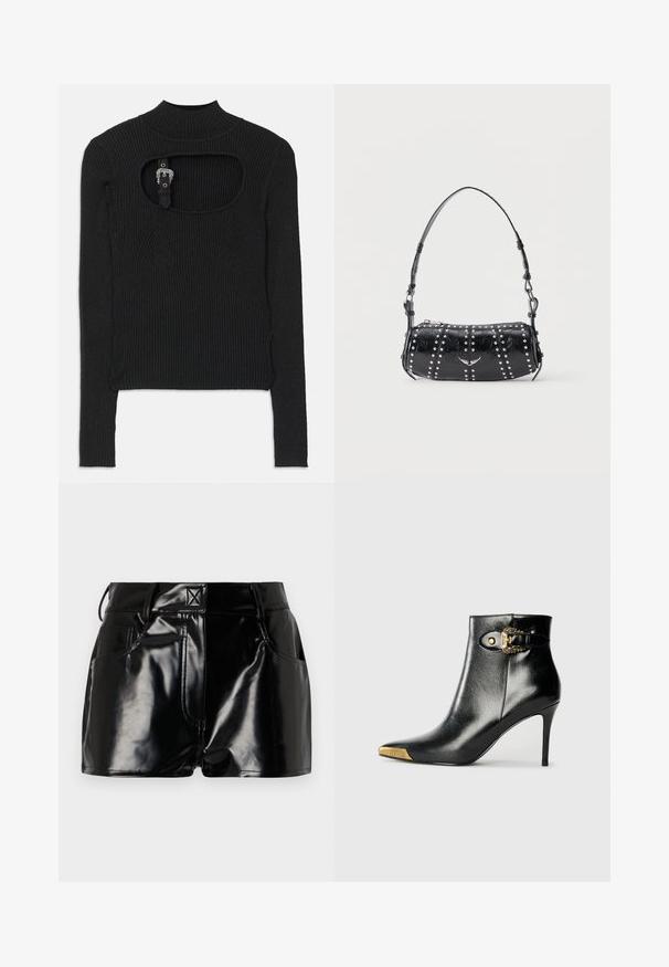 Sort ribbet crop top med lange ærmer, høj hals og udskæringsdetalje under halsudskæringen. Inkluderer en rem og accenthardware-lukning.; Sorte, blanke shorts lavet af syntetisk materiale. Har en tætsiddende talje, bælteslaufer og forlommer med fremtrædende stikninger.; Sort ankelstøvle lavet af skinnende læder med spids tå, stilet hæl og guldfarvet hardware med en dekorativ spænde-detalje.; Sort skuldertaske i laklæder med sølvnitter i lodrette rækker og et lille sølvfugleemblem midt på fronten.