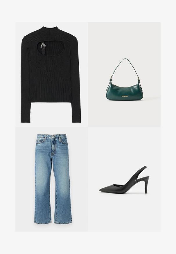 Sort ribbet crop top med lange ærmer, høj hals og udskæringsdetalje under halsudskæringen. Inkluderer en rem og accenthardware-lukning.; Lysblå denimjeans med vid buksedesign, fem lommer og knaplukning. Stoffet har en subtil blegning og en klassisk tekstur.; Sorte læder slingback høje hæle med spids tå-design, der har en udskæring fortil og en tynd stiletto-hæl.; Mørkegrøn læder skuldertaske med en enkelt strop, guld lynlås og "Love Moschino" logo i guld foran i midten.