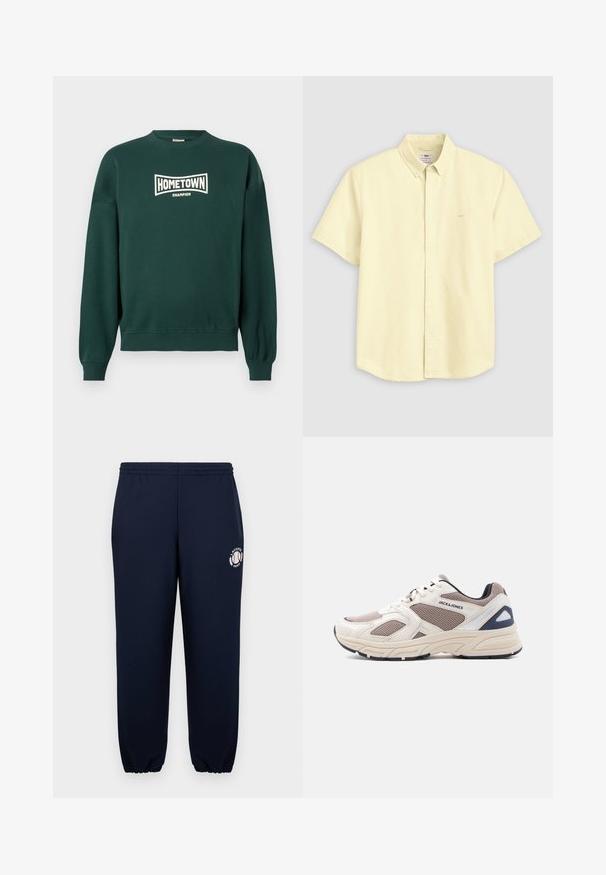 Sudadera de cuello redondo de color verde oscuro con el texto "CAMPEÓN DE LA CIUDAD" impreso en blanco en el pecho, con puños y dobladillo acanalados.; Camisa de manga corta en amarillo pálido con botones, cuello puntiagudo y logo sutil en el pecho izquierdo, mostrada sobre un fondo gris.; Pantalones de chándal azul marino hechos de suave algodón, con puños y cinturilla elásticos. Presentan un logotipo blanco de Lacoste Paris en la pierna izquierda.; Zapatilla deportiva beige y topo de malla y material sintético, con cordones delanteros, suela acolchada y la marca "JACK & JONES" en el lateral.