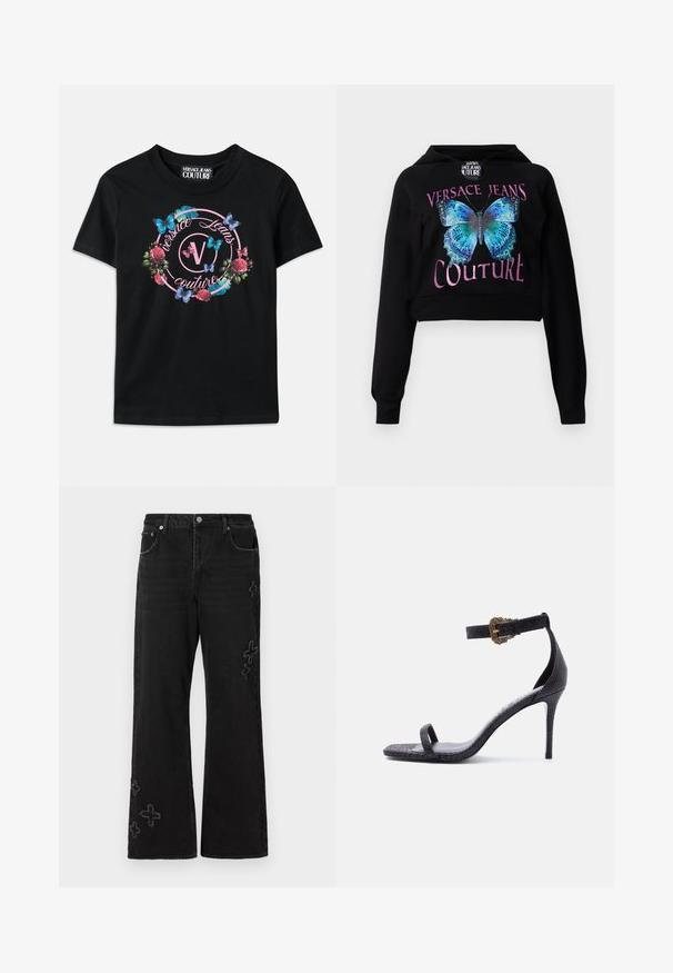 Čierna skrátená mikina s kapucňou so grafickým dizajnom modrého motýľa so zelenými akcentmi. Text znie "VERSACE JEANS COUTURE" v metalickej ružovej. Mäkkučký materiál.; Čierne tričko s farebnou kvetinovou a motýľovou grafikou, so ružovými a modrými akcentmi. Nápis "Versace Jeans Couture" vytlačený v kruhovom dizajne.; Čierne džínsy s širokým strihom, s výšivkou krížových vzorov v svetlejšej farbe. Dizajn s piatimi vreckami a zapínaním na gombík.; Čierna vysoká sandála na opätku s tenkým remienkom okolo členku s ozdobnou zlatou prackou a jedným remienkom cez prsty, s textúrovaným koženým povrchom.