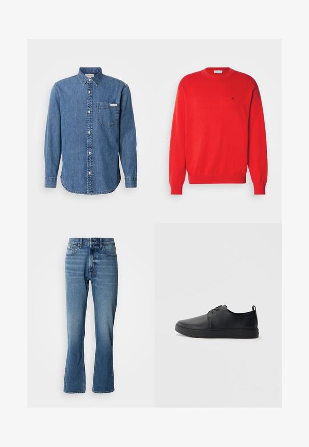 Rode gebreide trui met een ronde hals en geribbelde manchetten. Heeft een klein zwart logo op de borst. Soepele textuur, klassieke pasvorm.; Denim overhemd in medium blauw met een button-down kraag, lange mouwen, een borstzak en witte knopen. Heeft een licht afgeronde zoom.; Lichtblauwe denim jeans met een rechte snit en een lichte flare. Beschikt over vijf zakken, een knoopsluiting en subtiele wassingdetails.; Zwarte leren sneaker met een gladde afwerking, ronde neus, tonale stiknaden, vetersluiting aan de voorkant en een vlakke rubberen zool. Lussje aan de hak.