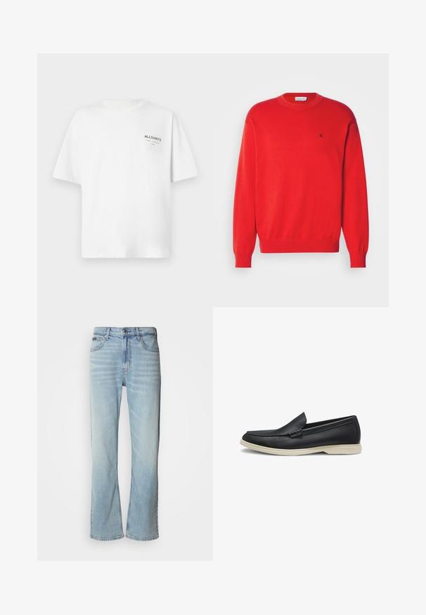 Rød strikket sweater med rund hals og ribbede manchetter. Har et lille sort logo på brystet. Glat tekstur, klassisk pasform.; Hvid kortærmet bomulds T-shirt med lille sort "ALLSAINTS" tekst og japanske tegn trykt på venstre bryst.; Lyseblå denimjeans med lige ben, der har fem lommer, knaplukning og en subtil falmning på stoffet.; Sort læder slip-on loafer med rund tå og lys beige gummisål, vist fra siden på en hvid baggrund.