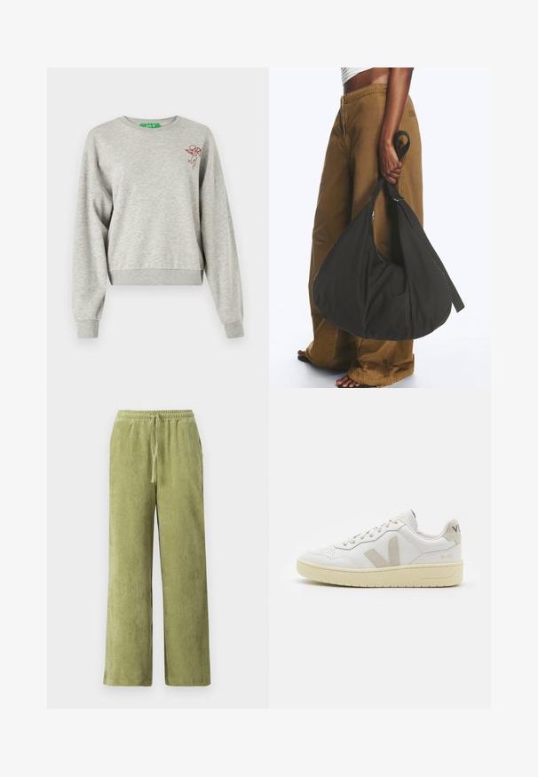Lys grå cropped sweatshirt lavet af blødt stof, med lange ærmer, ribbede manchetter og et lille rødt broderet cherub-design på brystet.; Grønne fløjl bukser med vidde, elastisk talje og snøre detaljer. Lodrette ribber i stoffet skaber tekstur.; Hvide lærreds sneakers med beige ruskindsdetaljer, perforeret tåboks, flade snørebånd og en struktureret cremefarvet sål. Har diskret branding på hælen.; Person iført brune vidde bukser og hvid top holder en stor sort blød håndtaske i remmen ved siden.
