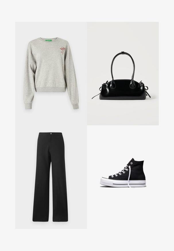 Lys grå cropped sweatshirt lavet af blødt stof, med lange ærmer, ribbede manchetter og et lille rødt broderet cherub-design på brystet.; Sorte bukser med vid ben lavet af et blødt stof, med knaplukning foran, rene linjer og et minimalistisk design uden mønstre.; Sort high-top canvas sneaker med hvid gummisål og hvide snørebånd, vist fra siden mod en hvid baggrund.; Lille sort blank håndtaske med to lange håndtag og snøre-detaljer i siden på en ensfarvet lys baggrund.