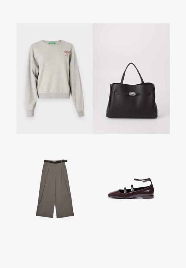 Lys grå cropped sweatshirt lavet af blødt stof, med lange ærmer, ribbede manchetter og et lille rødt broderet cherub-design på brystet.; Bred-læggede grå bukser med frontfolder og et sort bælte, vist fladt på en hvid baggrund.; Brune patentlæder flade sko med spids tå, der har to justerbare stropper og sølvspænder samt en lav, firkantet hæl.; Sorte læder tote taske med en struktureret form, der har to top håndtag, en rektangulær sølv hardware lås og subtile præget detaljer.