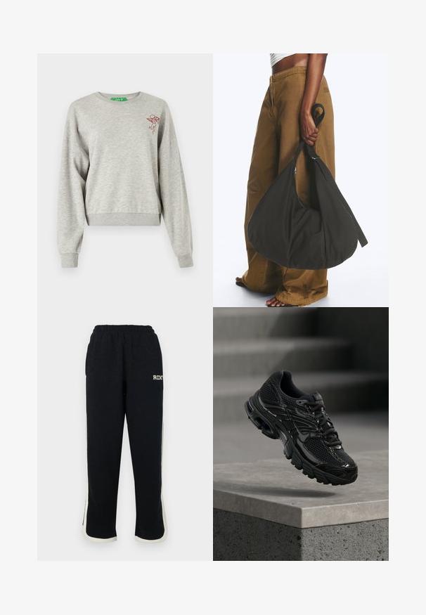 Heled hall kaelusega lühendatud pusake, mis on valmistatud pehmest kangast. Sellel on pikad varrukad, ribaga mansetid ja rinnal väike punane tikanditega beebiingel.; Mustad mustad püksid elastse vöökohtaga, valged külgtriibud ja väike logo esiosas. Valmistatud pehmest, tekstureeritud kangast.; Must Nike jooksujalatsite võrkkangas ja sünteetilise pealiskihiga, hõljub betoonpinna ja tähtede kohal taustal.; Isik kannab pruune laia säärega pükse ja valget topi, hoides oma külje peal suurt musta pehmet käekotti sangast kinni.