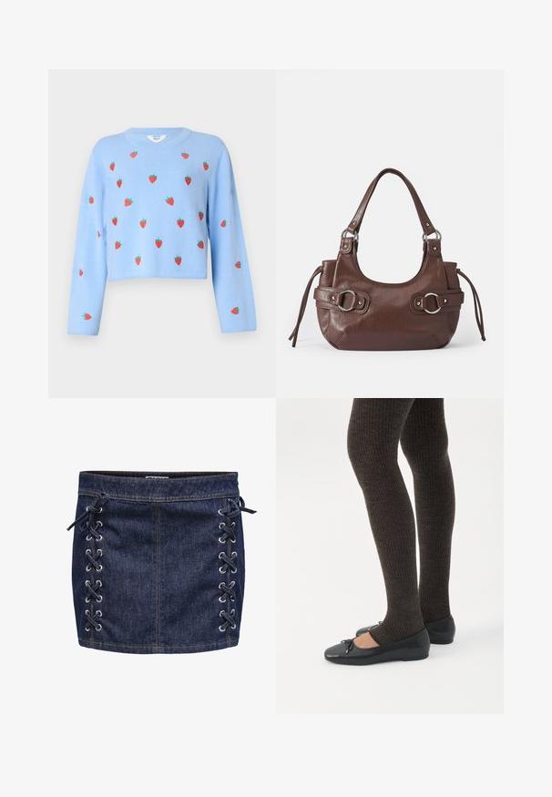 Object OBJTHESS WIDE SLEEVE - Pullover - serenity; Mini-jupe en denim bleu foncé avec détail de laçage sur le côté et œillets en argent. Présente une texture lisse et des coutures contrastées.; Jambes portant des leggings côtelés foncés associés à des ballerines noires avec de petits détails en nœud sur fond blanc.; Sac à main en cuir marron de forme arrondie, avec quincaillerie argentée, deux anses latérales et une texture lisse. Dispose d'une seule poignée supérieure.