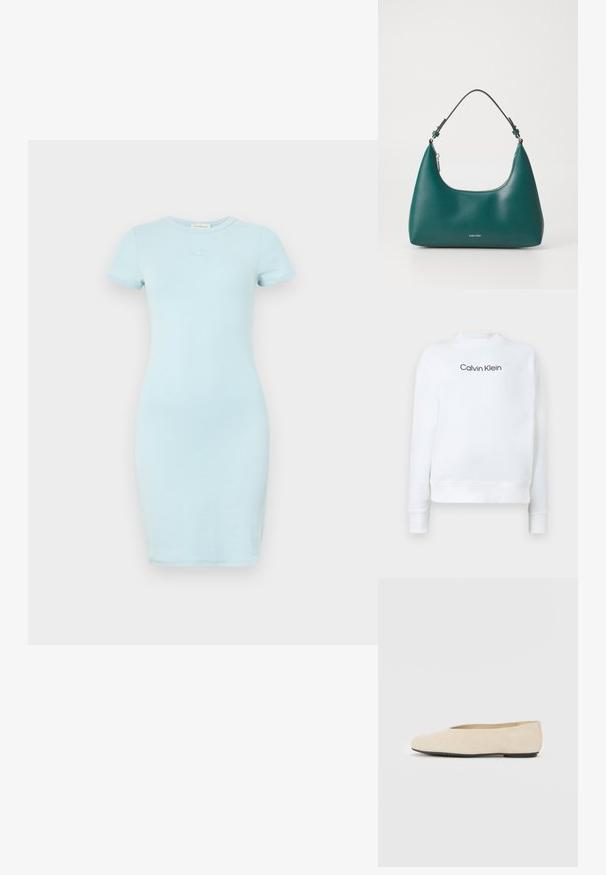 Biely sveter vyrobený z mäkkej tkaniny, s okrúhlym výstrihom a dlhými rukávmi. Na prednej strane je zobrazené logo "Calvin Klein" v čiernej farbe.; Svetlomodré priliehavé šaty vyrobené z jemného materiálu, s krátkymi rukávmi a okrúhlym výstrihom. Malé vyšívané logo na hrudi. Hladká textúra.; Béžové semišové baleríny s okrúhlou špičkou, plochou podrážkou a minimalisticým dizajnom. Hladký povrch bez viditeľného kovania alebo ozdôb.; Tyrkysová kabelka s oblým tvarom a ramenným popruhom, s jemným logom Calvin Klein na prednej strane na čistom bielom pozadí.