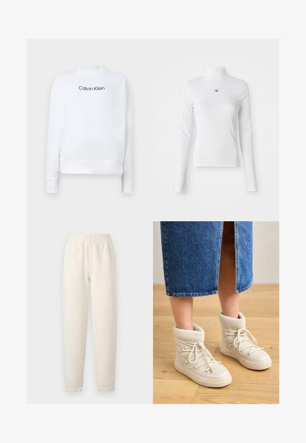 Hvid sweatshirt lavet af blødt stof, med rund hals og lange ærmer. Forsiden viser "Calvin Klein" logoet i sort.; Langærmet, hvid turtleneck-top lavet af ribbet materiale. Har et lille broderet logo i midten. Tæt pasform uden mønstre.; Cremefarvede sweatpants lavet af blødt stof. Har en elastisk talje og tapered ben design med subtile stikningsdetaljer.; Beige ankelstøvler med en blød, strikket kant og hvide snørebånd. Sålen er tyk og struktureret, parret med en blå denimnederdel.