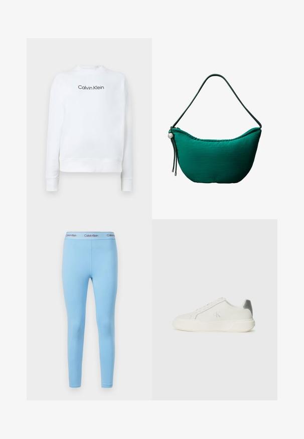 Witte sweatshirt gemaakt van zachte stof, met een ronde hals en lange mouwen. De voorkant toont het 'Calvin Klein' logo in zwart.; Blauwe leggings van glad, rekbaar materiaal met een effen kleur en een tailleband met het "Calvin Klein" logo in contrasterende kleuren.; Witte sneaker van leer met een gladde textuur, featuring een zilveren accent op de hiel, een platte zool en een minimalistisch ontwerp.; Groene schoudertas in de vorm van een halve maan met verstelbare riem, trekkoorddetail en subtiel geperst "ck"-logo middenvoor.