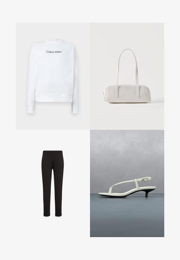 Biely sveter vyrobený z mäkkej tkaniny, s okrúhlym výstrihom a dlhými rukávmi. Na prednej strane je zobrazené logo "Calvin Klein" v čiernej farbe.; Čierne legíny s hladkou textúrou látky, priliehavým strihom a elastickým pásom; dĺžka až po členky s jednoduchým, bez ozdôb štýlom.; Biela sandála na podpätku kitten s remienkami a zašpicatenou špičkou, lietajúca nad drevenou dlažbou vonku s rozmazaným pozadím rastlín a steny.; Biela obdĺžniková ramenná taška s dlhými tenkými remienkami, minimálnym prešívaním a zatváraním na zips na jednoduchom pozadí.