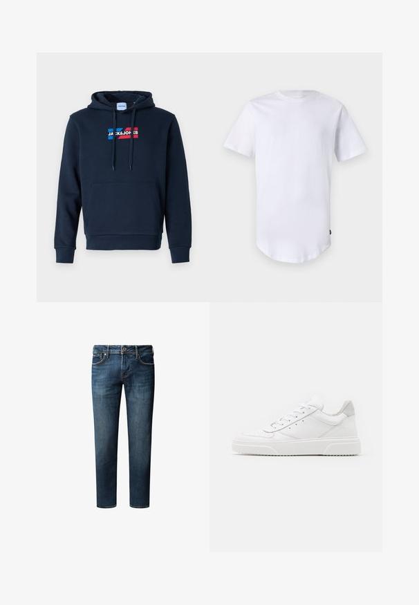Navyblauer Hoodie mit einer vorderen Kängurutasche, Kapuze mit Kordelzug und einem Logo in Rot und Blau, das eine weiche, glatte Textur und gerippte Bündchen aufweist.; Weißes T-Shirt mit kurzen Ärmeln aus Baumwolle. Rundhalsausschnitt mit abgerundetem Saum. Etikett auf der unteren linken Seite sichtbar. Glatte Textur.; Dunkelblaue Denim-Jeans mit geradem Bein, die über fünf Taschen, einen Knopfverschluss und dezente Verfärbungen im Stoff verfügen.; Weiße Leder-Sneaker mit glatter Oberfläche, rundem Zehenbereich, flachen Schnürsenkeln und strukturiertem Schuhsohlen. Graues Wildleder-Detail an der Ferse.