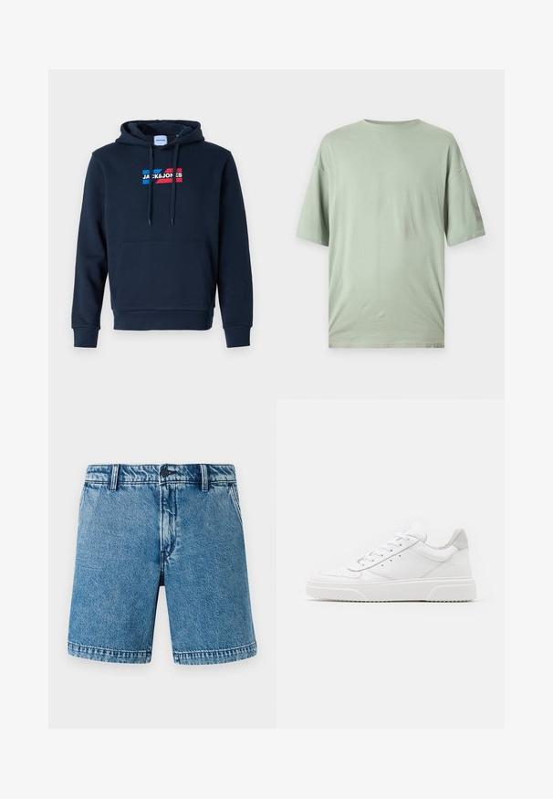 Navyblauer Hoodie mit einer vorderen Kängurutasche, Kapuze mit Kordelzug und einem Logo in Rot und Blau, das eine weiche, glatte Textur und gerippte Bündchen aufweist.; Hellgrünes T-Shirt mit kurzen Ärmeln aus weichem Stoff. Verfügt über einen runden Ausschnitt und eine entspannte Passform ohne sichtbare Muster oder Verzierungen.; Denim-Shorts in Hellblau mit lässiger Passform. Verfügt über das standardmäßige Fünf-Taschen-Design, einen Knopfverschluss und gesäumte Kanten mit subtiler Ausbleichung.; Weiße Leder-Sneaker mit glatter Oberfläche, rundem Zehenbereich, flachen Schnürsenkeln und strukturiertem Schuhsohlen. Graues Wildleder-Detail an der Ferse.