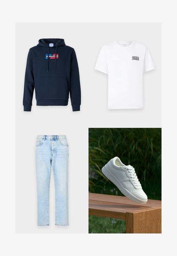 Marineblauwe hoodie met een voorkant kangaroo zak, een capuchon met trekkoord en een logo in rood en blauw, met een zachte, gladde textuur en geribbelde manchetten.; Witte katoenen t-shirt, korte mouwen, ronde hals. Kenmerkt zich door het zwarte tekstlogo "JACK & JONES" op de linkerkant van de borst. Eenvoudig, strak ontwerp.; Lichtblauwe spijkerbroek met een recht pijpdesign, vervaagde textuur en traditionele vijf-vakken stijl. Voorzijde met ritssluiting en knoopsluiting.; Witte leren sneaker met een gladde textuur, voorzien van een geperforeerd ontwerp, klassieke vetersluiting en rubberen zool, gepositioneerd boven een houten oppervlak.
