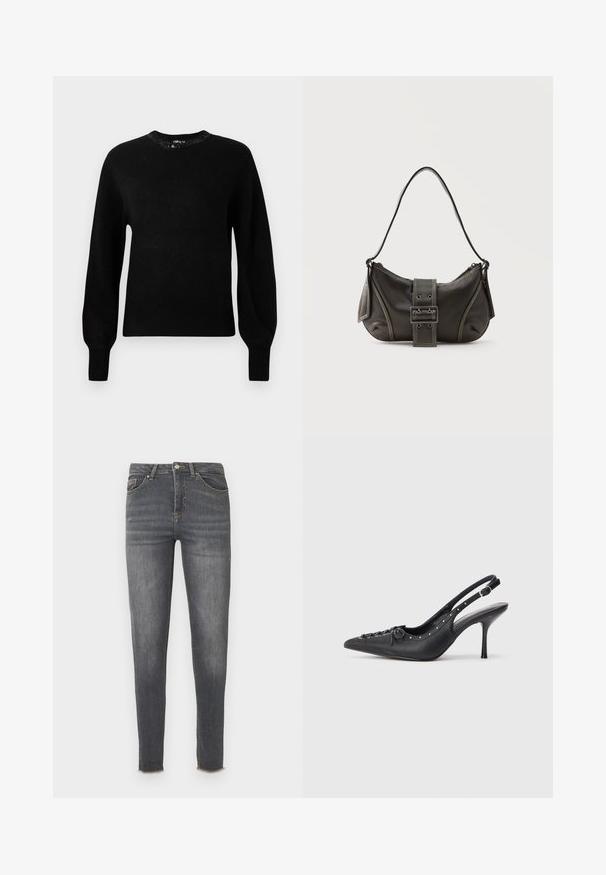 Pull en tricot noir avec un col rond, des manches longues et des poignets côtelés. Doté de perles décoratives autour du col.; Jean skinny en denim gris délavé à taille haute, avec cinq poches, des accessoires dorés et un ourlet brut raccourci.; Escarpin en cuir noir à talon aiguille avec un bout pointu, une bride latérale à boucle, des clous le long du bord et un laçage décoratif à l'avant.; Sac à épaule en cuir noir avec une sangle à boucle, des bords arrondis et des coutures blanches contrastées sur un fond uni.