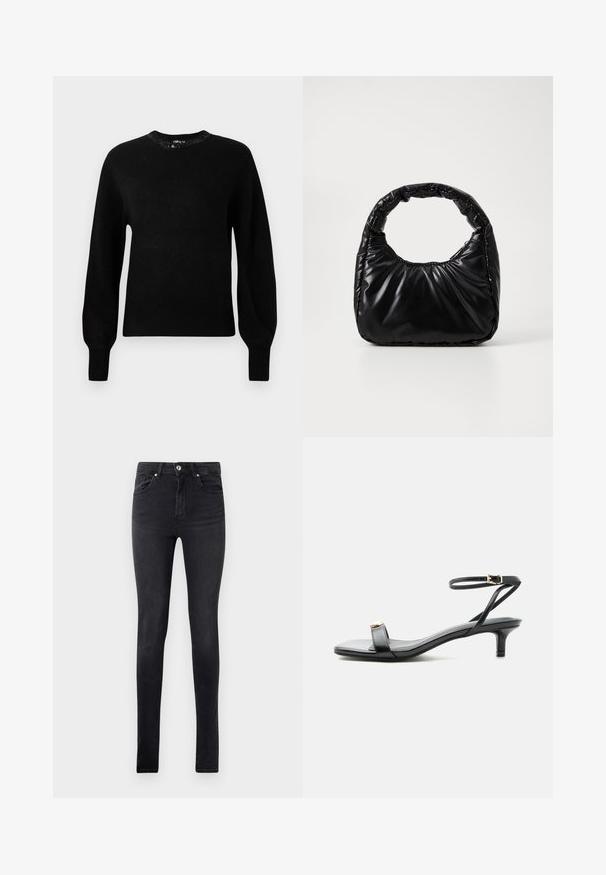 Schwarzer gestrickter Pullover mit rundem Ausschnitt, langen Ärmeln und gerippten Bündchen. Mit dekorativen Perlen um den Kragen.; Schwarze Slim-Fit-Jeans aus Denim mit fünf Taschen und einem Knopfverschluss an der Taille, auf einem schlichten weißen Hintergrund präsentiert.; Schwarze Leder-Sandalette mit offenem Zehenbereich, niedrigem Kitten-Heel, dünnem Knöchelriemen mit goldfarbener Schnalle und dekorativem goldfarbenem Akzent am vorderen Riemen.; Schwarze gepolsterte Handtasche mit einem runden Griff, die eine glatte, glänzende Oberfläche und eine weiche, gestepfte Textur aufweist. Keine sichtbare Hardware oder Akzente.