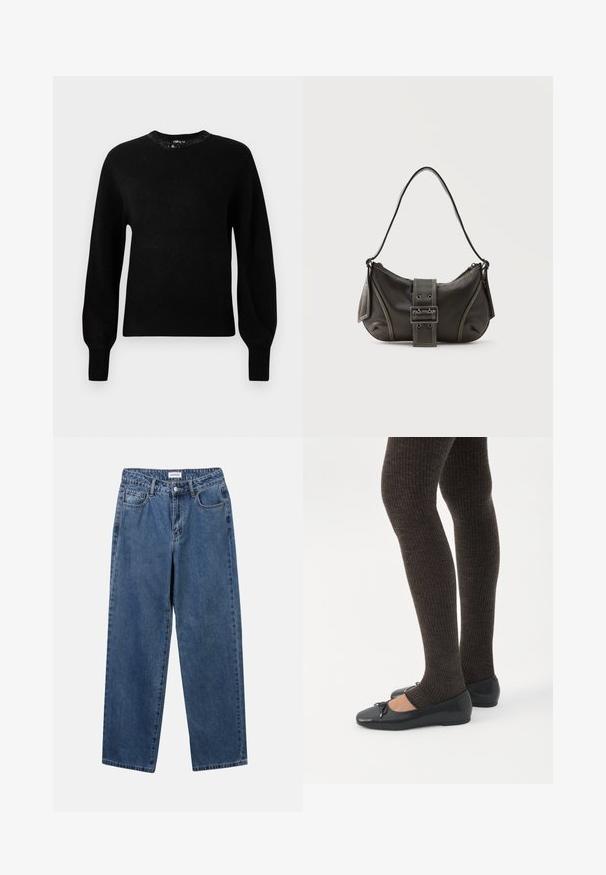 Zwarte gebreide trui met een ronde halslijn, lange mouwen en ribbelmanchetten. Voorzien van decoratieve kralen rond de kraag.; Klassieke blauwe denim jeans met een rechte pijp, vijf zakken en een knoopsluiting. Heeft een middelgrote wasbeurt en stevige textuur.; Benen met donkere geribbelde leggings gecombineerd met zwarte ballerina's met kleine strikdetails op een witte achtergrond.; Zwarte leren schoudertas met gespsluiting aan de riem, afgeronde hoeken en contrasterende witte stiksels op een effen achtergrond.