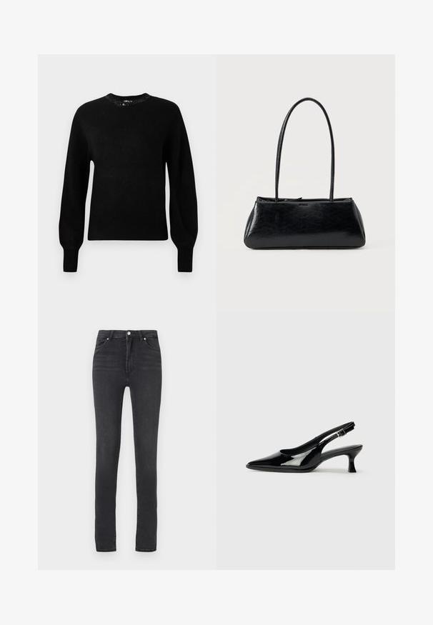 Schwarzer gestrickter Pullover mit rundem Ausschnitt, langen Ärmeln und gerippten Bündchen. Mit dekorativen Perlen um den Kragen.; Schwarze Skinny-Jeans mit hoher Taille, aus Stretch-Denim, ausgestattet mit Gürtelschlaufen, minimaler Nahtverarbeitung und einem klassischen Fünf-Taschen-Design.; Schwarze Lackleder Slingback-Schuhe mit spitzem Zehenbereich und niedrigem Blockabsatz. Verstellbarer Riemen mit Schnalle am Knöchel.; Schwarze rechteckige Schultertasche mit langen dünnen Trägern und einer glatten, glänzenden Textur auf einfarbigem Hintergrund.