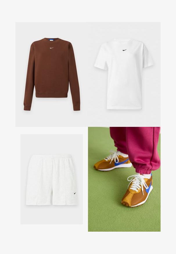 Braunes Nike Sweatshirt mit langen Ärmeln, Rundhalsausschnitt und kleinem weißem Nike Swoosh-Logo in der Mitte der Brust.; Weißes T-Shirt mit kurzen Ärmeln und Rundhalsausschnitt, mit einem kleinen schwarzen Nike Swoosh-Logo zentriert nahe dem Kragen.; Weiße Sportshorts mit elastischem Bund und schwarzem Nike-Swoosh-Logo am linken Bein, auf einfarbigem Hintergrund dargestellt.; Braune und blaue Sneakers aus einer Mischung aus Mesh- und Wildledermaterialien, versehen mit weißen Schnürsenkeln und einer strukturierten braunen Sohle, die auf grünem Boden platziert sind.