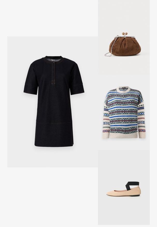 Strikket crewneck-trøje med flerfarvede, vandrette Fair Isle-mønstre i blå, grøn, vinrød og beige på lange ærmer og krop.; Sort kortærmet kjole lavet af denimstof, med rund halsudskæring, knaplukning og kontrasterende orange stikninger.; Beige læder balletflade med spids tå og en sort rem omkring anklen, som har en glat tekstur og et minimalistisk design.; Brun ruskindsmøntpung med sølvramme, to træklipskugler og en sølvkædesele på en hvid baggrund.