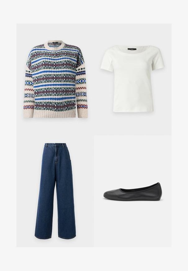Pull en tricot à col rond avec des motifs Fair Isle horizontaux multicolores en bleu, vert, bordeaux et beige sur les manches longues et le corps.; Haut blanc en coton à manches courtes pour femmes avec un large col rond sur un fond clair uni.; Jean taille haute à jambes larges en denim bleu foncé avec fermeture à bouton et à zip à l'avant, passants de ceinture et poches latérales.; Ballerines en cuir noir avec un bout rond, texture lisse, détails de couture minimalistes et design de semelle flexible.