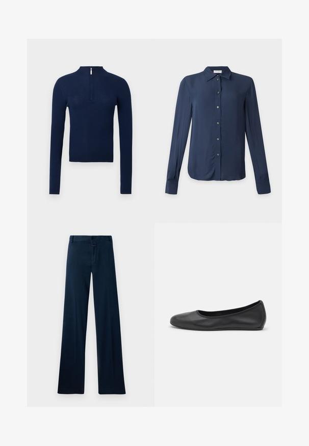 Suéter azul marino acanalado con cuello alto y cremallera frontal hasta la mitad. Mangas largas, tela texturizada y diseño ajustado.; Camisa azul marino de manga larga con botones, cuello y puños, mostrada plana sobre un fondo claro.; Pantalones de pierna ancha en azul marino, confeccionados en tejido liso. Cuentan con un cierre frontal de botón, presillas para cinturón y un dobladillo limpio. Sin patrones ni acentos visibles.; Bailarina de piel negra con punta redondeada, textura suave, detalle de costura minimalista y diseño de suela flexible.