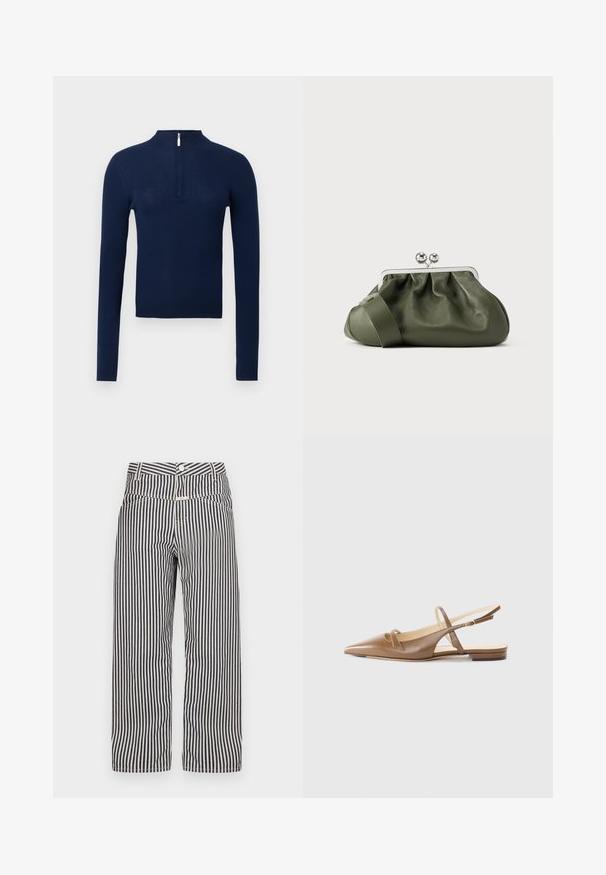 Mørkeblå ribstrikket sweater med høj krave og halv lynlås foran. Lange ærmer, tekstureret stof og tætsiddende design.; Bredde ben bukser med striber i navy og hvid. Har en knaplukning, frontlommer og et glat, let stof.; Brune lædersandaletter med spidse tæer, to smalle stropper og en lav hæl. Glat tekstur med en poleret finish.; Olivengrøn læderclutch med ruchet design, sølvmetalramme og dobbelt kugle-lukning. Har en glat tekstur og en bred rem.