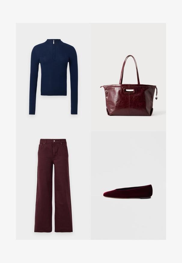 Marineblauer, gerippter Pullover mit hohem Kragen und halbem Reißverschluss vorne. Lange Ärmel, strukturierter Stoff und eng anliegendes Design.; Burgunderfarbene Schlagjeans mit hoher Taille, Metallknopfverschluss, Fronttaschen und einem glatten, leicht strukturierten Stoff.; Bordeauxrote Ballettschuhe aus Samt mit abgerundeter Spitze und niedrigem Absatz, mit glatter Textur und elegantem Design.; Dunkelrote Leder-Tasche mit langen Griffen, rechteckigem Ausschnitt als Griff und herzförmigem Anhänger am Reißverschluss.