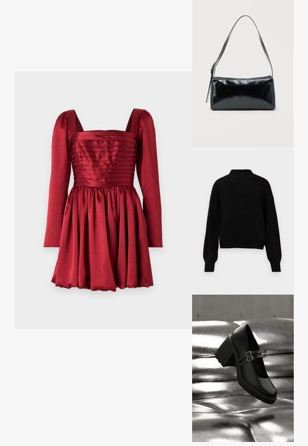 Sort strikket sweater med høj hals, sænkede skuldre og ribbede ærmegab. Blød tekstur og kort design. Ingen synlige mønstre eller metaldele.; Rød kjole med lange ærmer, firkantet udskæring og plisseret nederdel. Lavet af glat stof med tekstureret liv og indsamlet talje-detalje.; Sort chunky hælsko med dobbelte spænder, der hviler på en skinnende sølvfarvet fløjlsbetrukket overflade, der fremhæver skoens tekstur og design.; Sort rektangulær skuldertaske med en enkelt justerbar rem og lynlås i toppen på en ensfarvet baggrund.