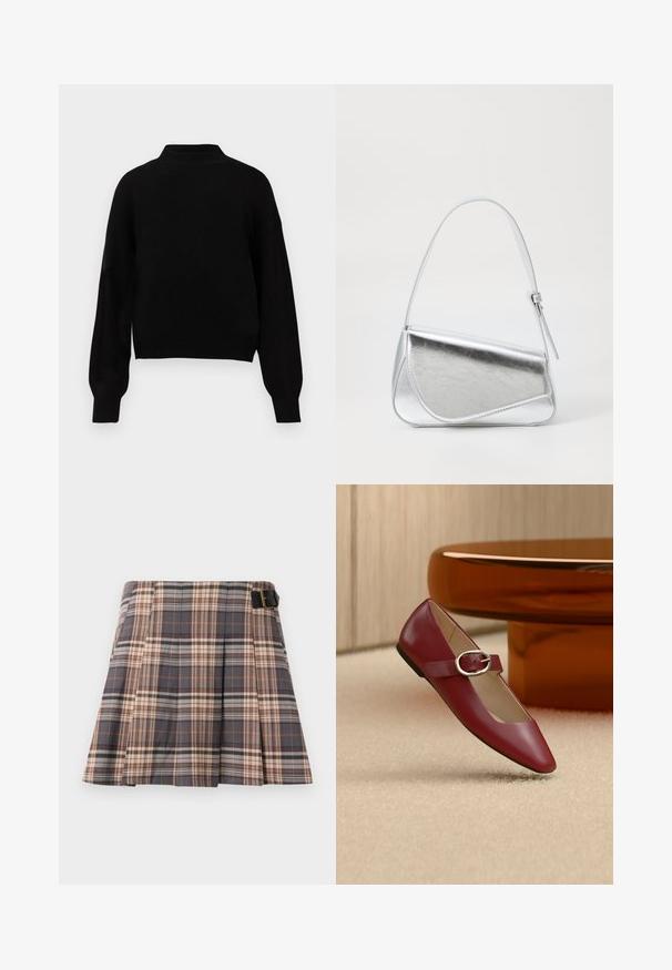 Sort strikket sweater med høj hals, sænkede skuldre og ribbede ærmegab. Blød tekstur og kort design. Ingen synlige mønstre eller metaldele.; Rutig nederdel i grå, beige og rustfarver; har plisseringer, en spænde detalje og et struktureret design. Fremstillet af et vævet stof.; Rød læder Mary Jane flad sko med sølvspænde, vist på et beige tæppe nær et brunt rundt bord.; Sølvmetallic håndtaske med en trekantet form, glat overflade og en tynd, justerbar skulderrem. Har et fold-over design med syninger.