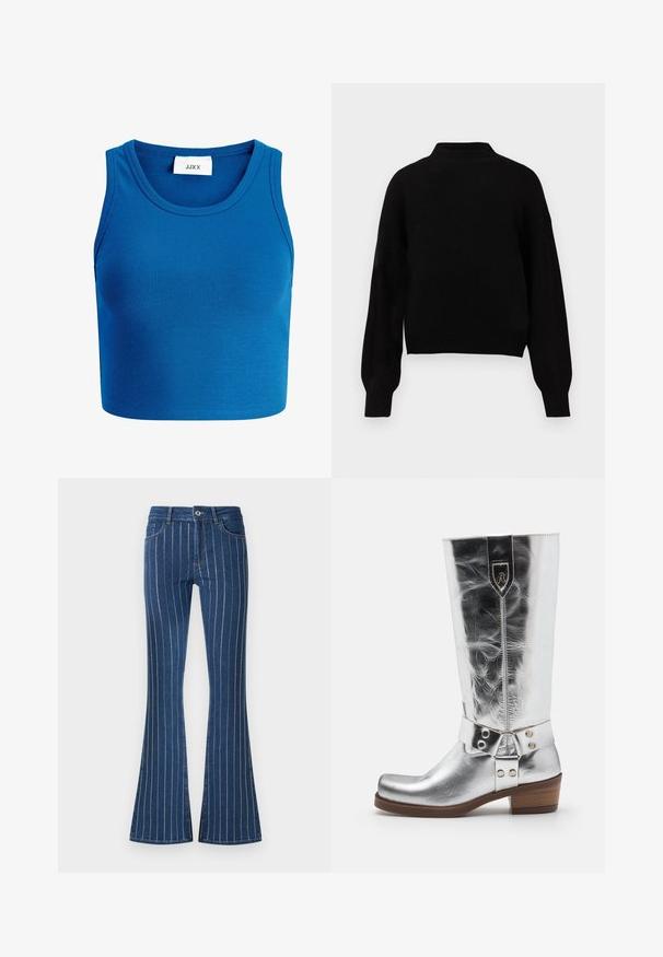 Sort strikket sweater med høj hals, sænkede skuldre og ribbede ærmegab. Blød tekstur og kort design. Ingen synlige mønstre eller metaldele.; Blå ribbet cropped top med bred halsudskæring, ærmeløs design og et mærke med teksten "JJXX" placeret midt på halsudskæringen.; Blå denim jeans med flared ben, der har vertikale hvide striber, en lynlås foran og lommer. Stoffet har en let struktureret overflade.; Sølvmetallic knæhøje støvler med rund tå, struktureret overflade, et bælte med nitter og en lav trælæsning. Har prægede logo.