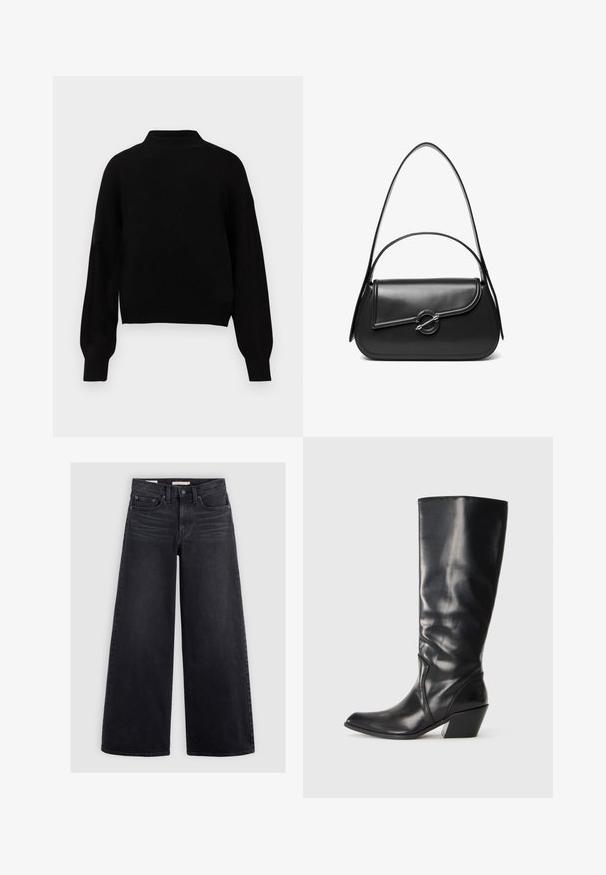 Sort strikket sweater med høj hals, sænkede skuldre og ribbede ærmegab. Blød tekstur og kort design. Ingen synlige mønstre eller metaldele.; Bredbenede sorte jeans lavet af denim, med høj talje, fem lomme-design og subtilt slid langs forsiden.; Sorte læder knæhøje støvler med spids tå, vinklet hæl og glat tekstur. Funktioner en subtil syning langs siden.; Sort skuldertaske i læder med en buet klap, der er fastgjort med en rund metal spænde, og en slank, justerbar rem.