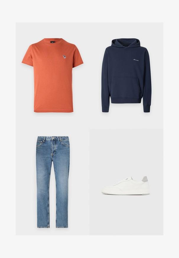 Marineblauwe pullover hoodie met voorzak en klein wit "Abercrombie" logo op de linkerborst, weergegeven tegen een effen achtergrond.; Oranje katoenen T-shirt met korte mouwen, ronde hals en een klein, mult Kleuren geborduurd ontwerp op de linkerkant van de borst.; Lichtblauwe denim jeans met een rechte pijp, vijf zakken en een ritsluiting. Duidelijke vervaging en stikdetails.; Witte lage sneaker met grijze hielpatch, witte veters en een gestructureerde zool, gepresenteerd op een effen lichte achtergrond.