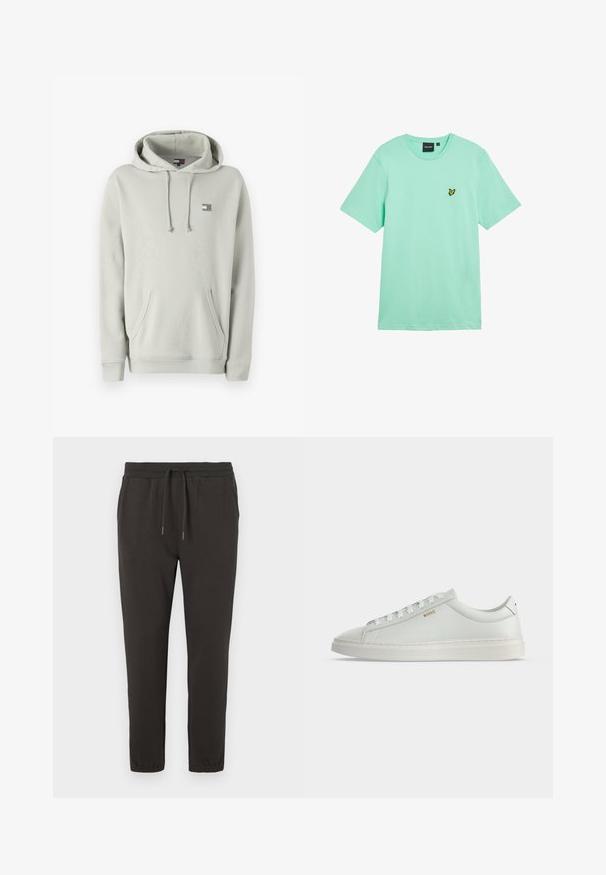 Hellgrauer Hoodie aus weichem Baumwollmischgewebe, mit einer großen Fronttasche, verstellbarem Kapuzenzug und kleinem Logopatch auf der Brust.; Minzgrünes Baumwoll-T-Shirt mit kurzen Ärmeln, Rundhalsausschnitt und einem kleinen gelben Schmetterlingslogo, das auf der linken Brust eingestickt ist.; Dunkelgraue Sweatpants aus weichem Stoff, mit einem elastischen Bund und einer Kordel, schmal zulaufenden Beinen und elastischen Bündchen an den Knöcheln.; Weißer Leder-Sneaker in niedriger Ausführung mit Schnürsenkeln, flacher Sohle und kleinem goldfarbenem "BOSS" Logo an der Seite, von der Außenseite betrachtet.