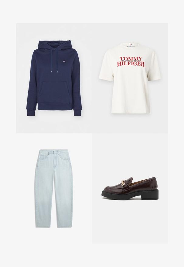 Marineblå hoodie lavet af bomuldsblanding, med en frontlomme, justerbar snøre i hætten og ribbede manchetter og bund.; Hvid bomulds-T-shirt med korte ærmer og rund halsudskæring, med "TOMMY HILFIGER" i fed rød skrift. Bemærkelsesværdigt grafisk design.; Lyseblå denimjeans med en afslappet pasform, design med fem lommer og lukkes med øverste knap. Glat tekstur med minimal slid og lige ben.; Brune læder loafer med en guldaccent spænde, sort blokhælt og en glat tekstur. Sidevisningen viser en rund tå og stikninger.