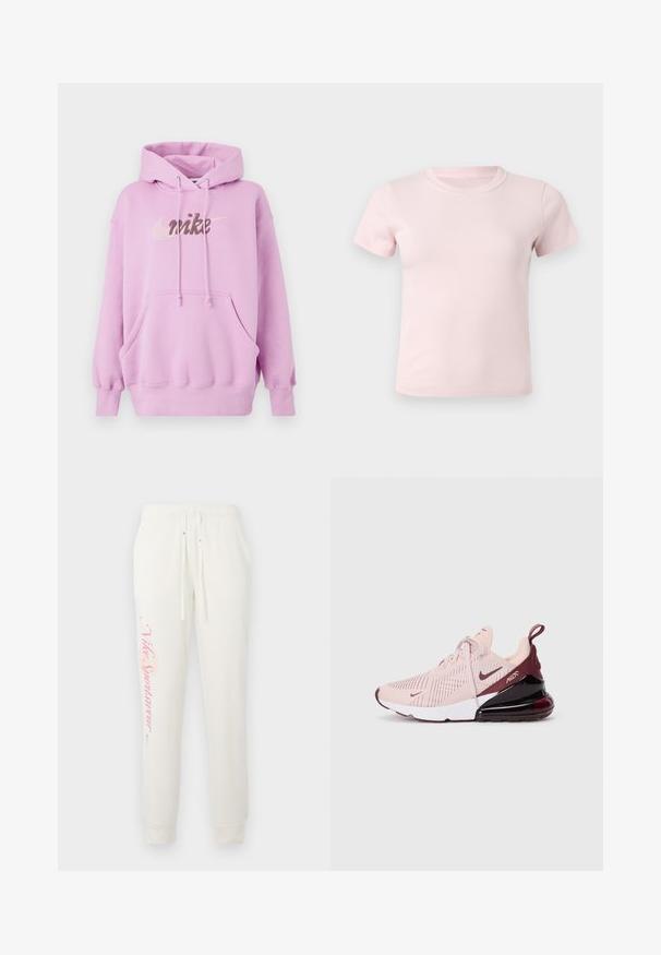 Lyserød hættetrøje lavet af en bomuldsblanding. Har en stor Nike-logo i sølv og en front kangurulomme. Snoretræk ved hætten.; Lyserød t-shirt med korte ærmer og rund hals, ensfarvet design, vist fladt mod en hvid baggrund.; Hvide sweatpants med en tætsiddende design, prydet med et pink "Nike Sportswear" logo på det venstre ben og elastisk talje med snore.; Lys pink atletik sko med en tekstureret overdel, mørkerøde accenter, tyk hvid sål og synlig luftdæmpning ved hælen.