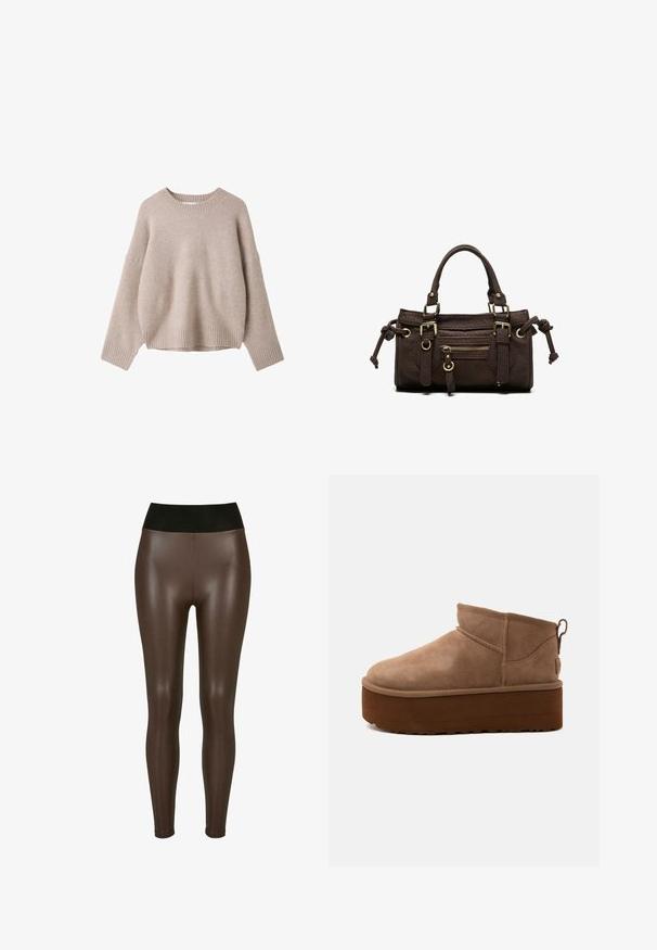 Beige uld langærmet sweater med ribstrikket rund hals, manchetter og kant, vist på hvid baggrund.; Brune faux læder leggings med en høj sort talje, der har en glat, blank finish og en tætsiddende design til anklerne.; Mellemstore brune ruskind slip-on støvler med tyk platformsål og trækflig bagpå mod lys baggrund.; Mørkebrun læderhåndtaske med dobbelte håndtag, forreste lynlåslomme, dekorative spænder og sideknuder på hvid baggrund.