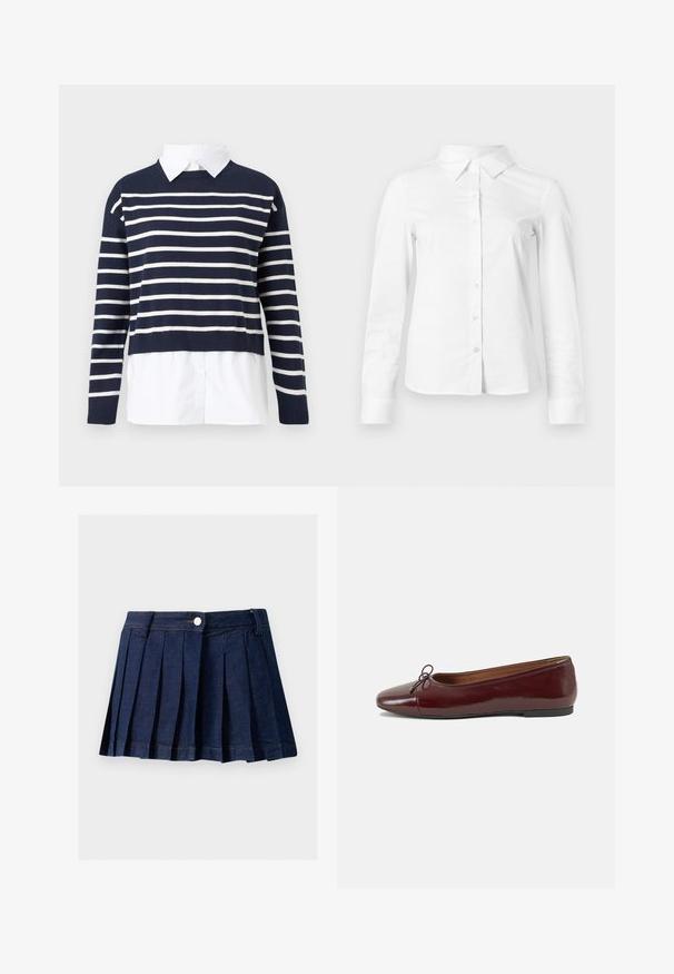 Marineblå sweater med hvide vandrette striber, rund halsudskæring, cropped design og en hvid skjorte under. Struktureret strikket stof.; Hvid skjorte med lange ærmer, knapper, spids krave, lige kant og tætsiddende silhuet, vist på en ensartet lys baggrund.; Mørk denim plisseret nederdel med en tætsiddende talje, knaplukning og kontrastsyning. Har pæne pliser og en lige kant.; Bordeaux patentlæder balletflad med rund tå, lille sløjfeaccent foran og en lav, sort gummisål. Glat tekstur.