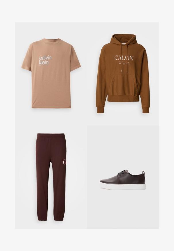 Bruine hoodie met verstelbare capuchon met trekkoord, voorzak in kangoeroestijl en wit tekstlogo met "CALVIN" en "NEW YORK" op de borst.; Korte mouw t-shirt in lichtbruin katoenmateriaal, met grote witte tekst "calvin klein" op de voorkant en een ronde halsontwerp.; Bordeaux joggers van zachte katoen, met een elastische tailleband, cuffen bij de enkels en een subtiele logo op het linkerpoot.; Bruine leren sneakers met een gladde afwerking, witte rubberen zool, ronde neus en vetersluiting. Heeft een lus aan de hiel.