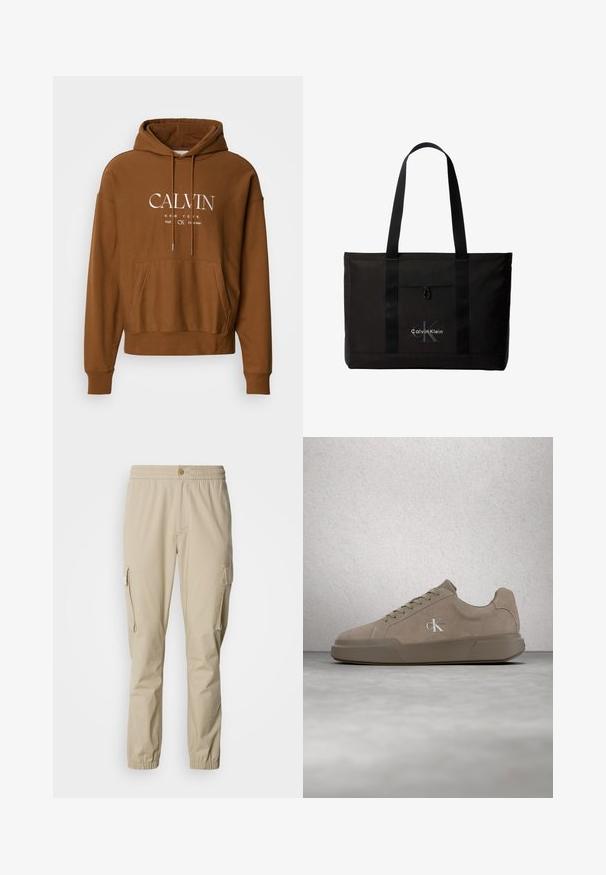 Brun hættetrøje med justerbar snøre i hætten, frontal kængurulomme og hvid tekstlogo med "CALVIN" og "NEW YORK" på brystet.; Lysebrune cargo bukser med elastisk talje, knaplukning, side lommer og elastiske manchetter ved anklerne, lavet af letvægtsstof.; Beige ruskind sneakers med snørebånd og "ck" logo, vist svævende over poleret beton gulv med glasblokvæg i baggrunden.; Sort Calvin Klein tote taske med to lange håndtag og lomme foran, med mærkets logo i hvid og grå.