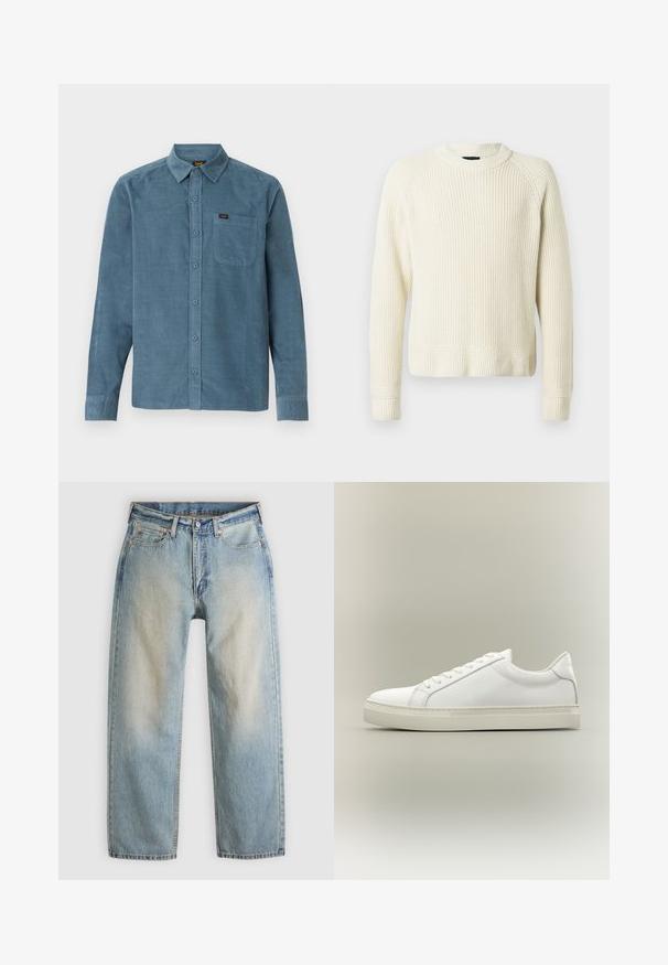 Cremefarvet strikket sweater med lange ærmer, ribbede manchetter og kant, samt en rund halsudskæring på en ensfarvet hvid baggrund.; Langærmet skjorte i blå kordfløjl med button-down krave, frontlomme og subtil branding på lommen.; Lyseblå denimjeans med afslappet pasform, mellem vask, lige ben, kobbernitter og klassisk fem-lomme-design.; Hvid lavtop sneaker med snørebånd foran og tyk sål, vist fra siden mod en neutral baggrund.